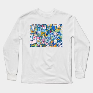 Antoni Gaudi Multi Pattern Print Design with Peacock Blue Background T-Shirt Long Sleeve T-Shirt